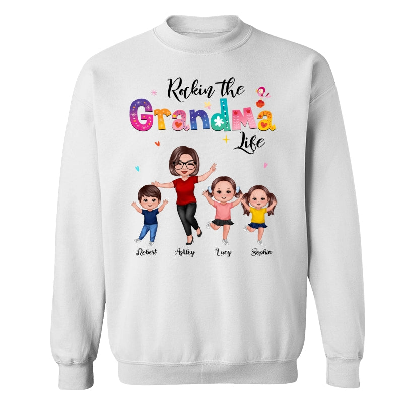 Colorful Floral Pattern Rockin‘ The Grandma Life Happy Doll Grandma & Grandkids Personalized Shirt