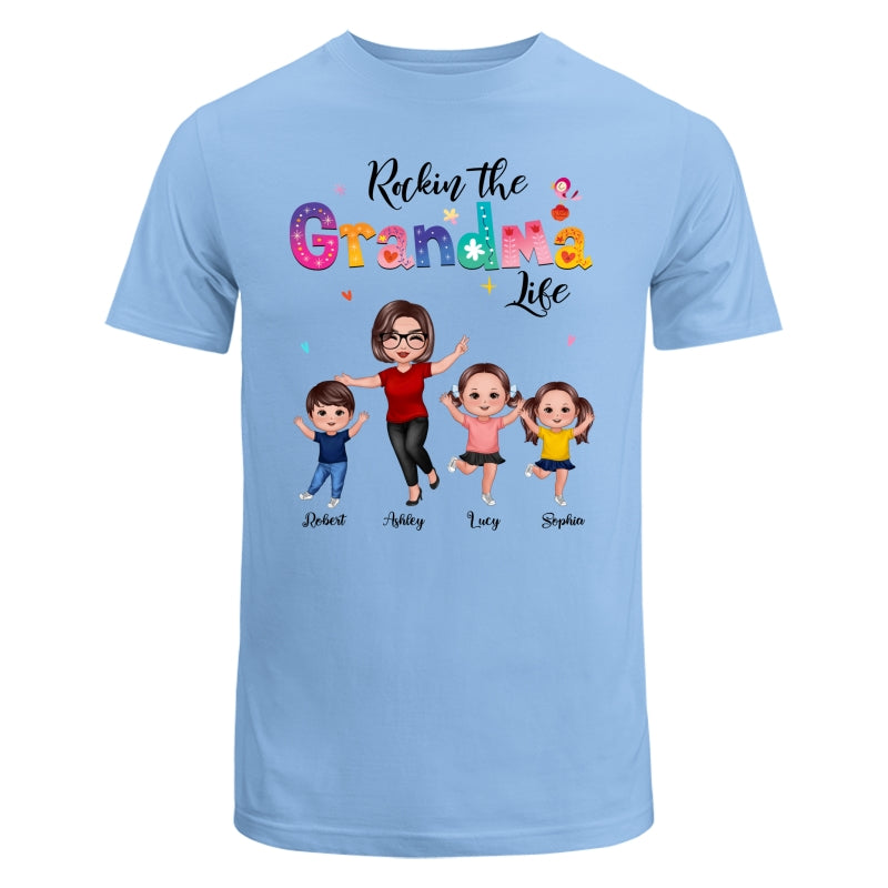 Colorful Floral Pattern Rockin‘ The Grandma Life Happy Doll Grandma & Grandkids Personalized Shirt