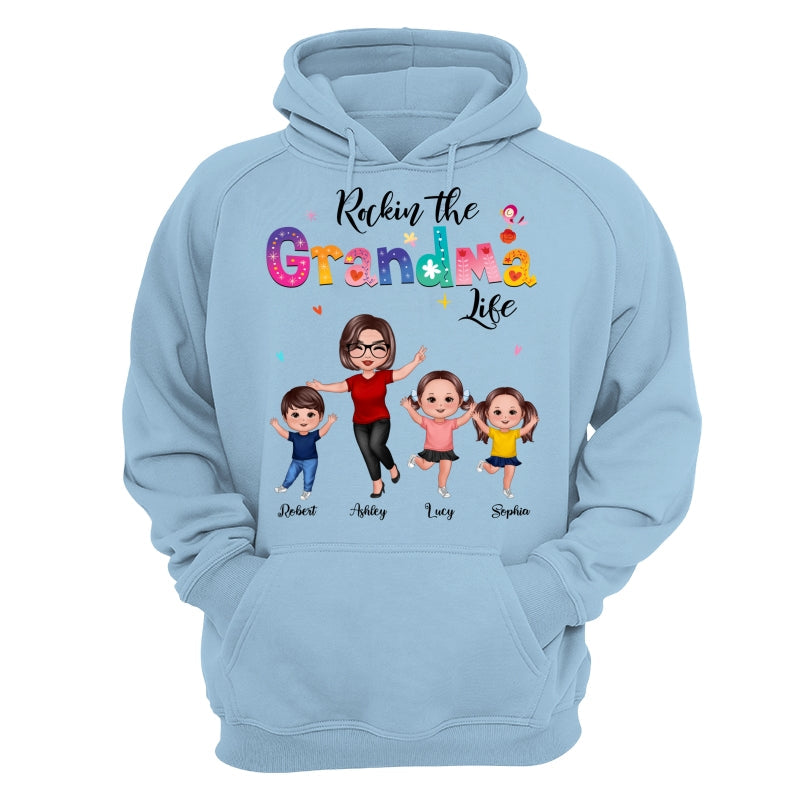 Colorful Floral Pattern Rockin‘ The Grandma Life Happy Doll Grandma & Grandkids Personalized Shirt