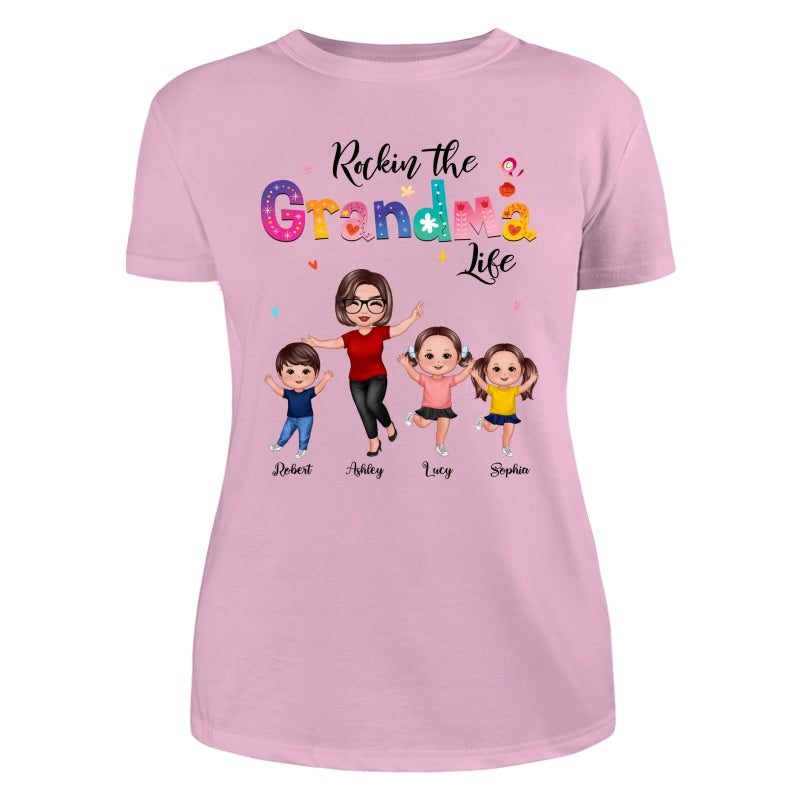 Colorful Floral Pattern Rockin‘ The Grandma Life Happy Doll Grandma & Grandkids Personalized Shirt