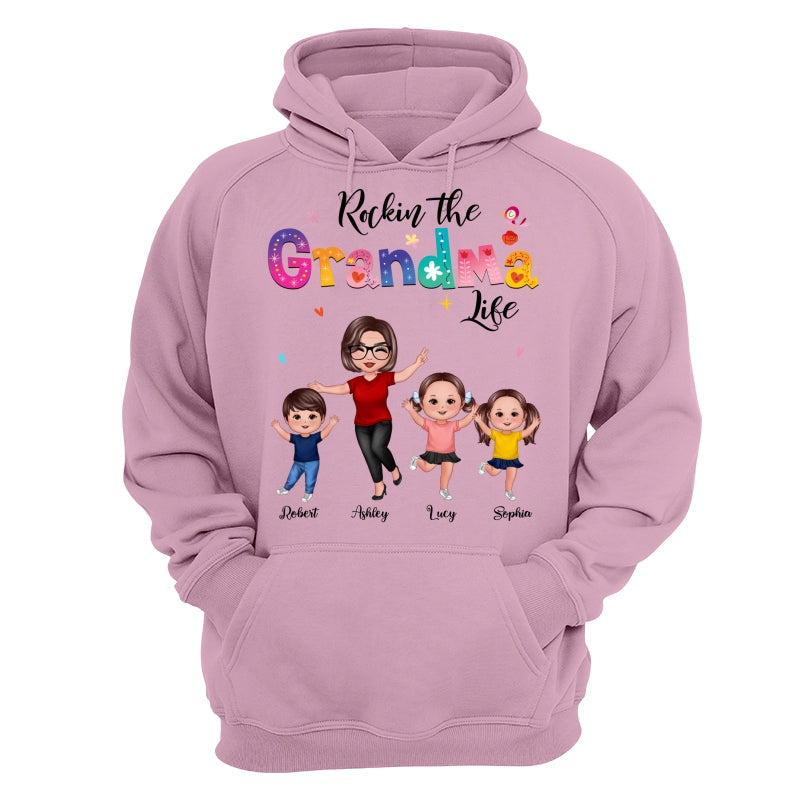 Colorful Floral Pattern Rockin‘ The Grandma Life Happy Doll Grandma & Grandkids Personalized Shirt