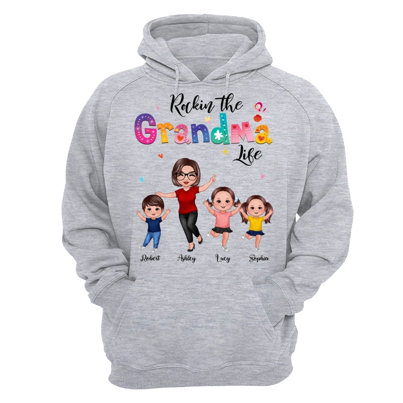 Colorful Floral Pattern Rockin‘ The Grandma Life Happy Doll Grandma & Grandkids Personalized Shirt