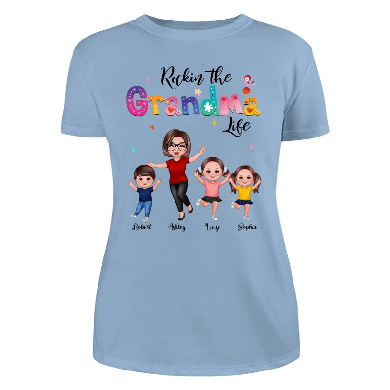 Colorful Floral Pattern Rockin‘ The Grandma Life Happy Doll Grandma & Grandkids Personalized Shirt