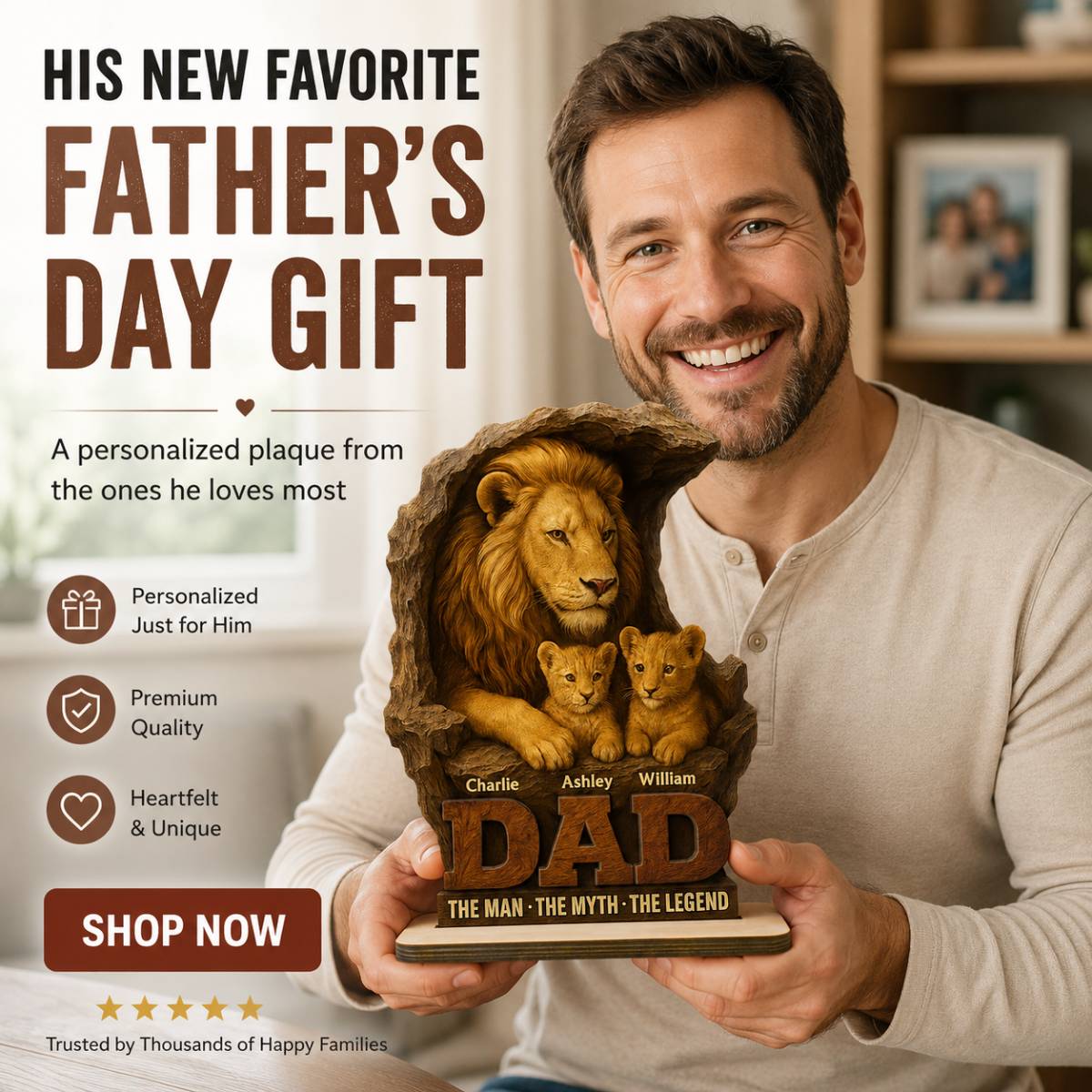 Lion Dad And Kids Personalized 2- Layer Standing Wooden Plaque, Unique  Gift For Dad