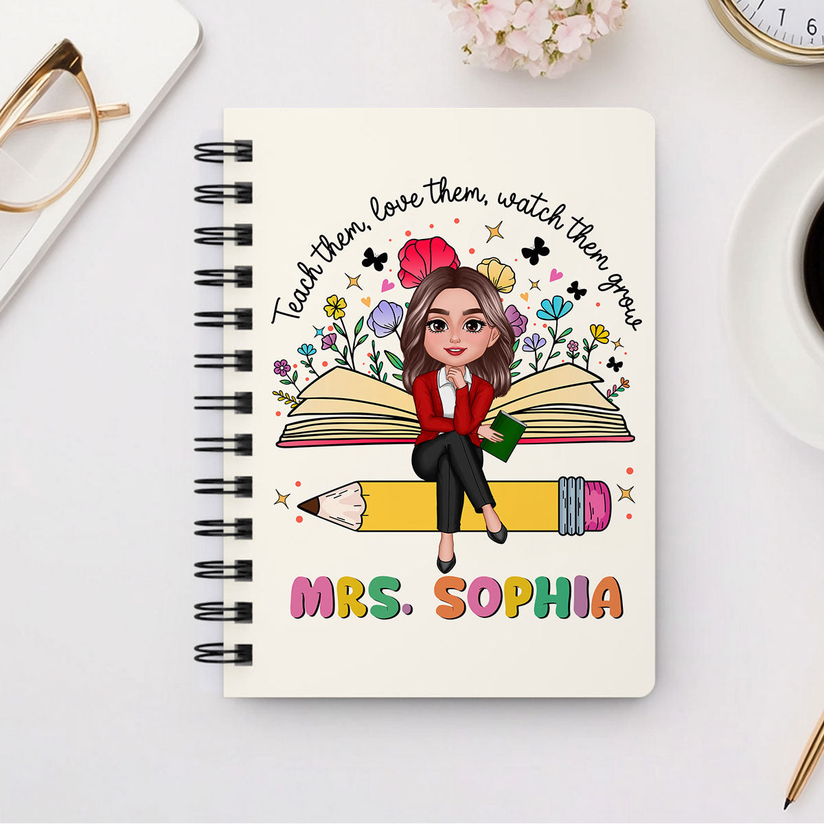 Teacher Teach Love Watch Them Grow Wildflowers Personalized Spiral Notebook Journal, Back To School Stationery