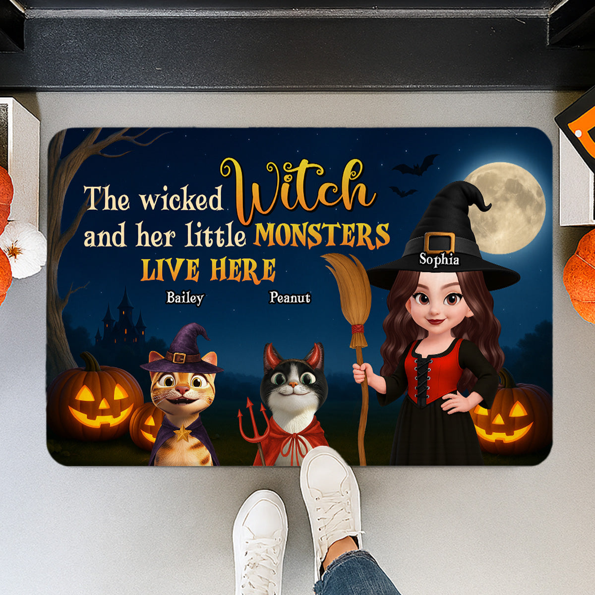 Spooky Halloween Theme Wicked Witch And Monsters Cats Personalized Doormat