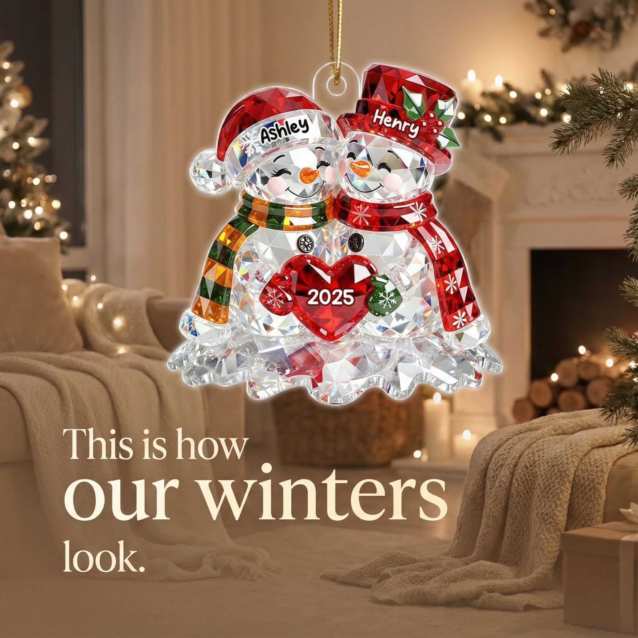 Snowman Couple 3D Crystal Effect - Personalized Acrylic Ornament - Christmas Gift for Couple