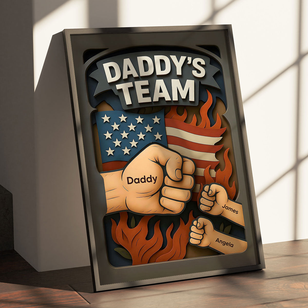 Daddy's Team Fist Bump 3D Effect Layered Personalized Poster, Father's Day Gift for Dad