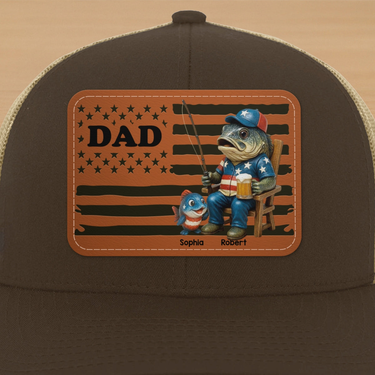 Fishing Dad Nation Flag Personalized Leather Patch Hat, Father's Day gift