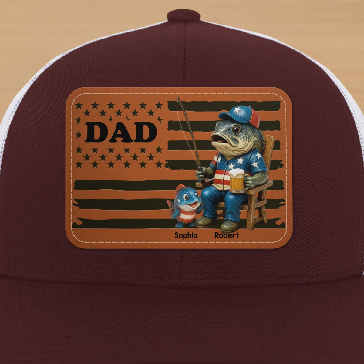 Fishing Dad Nation Flag Personalized Leather Patch Hat, Father's Day gift