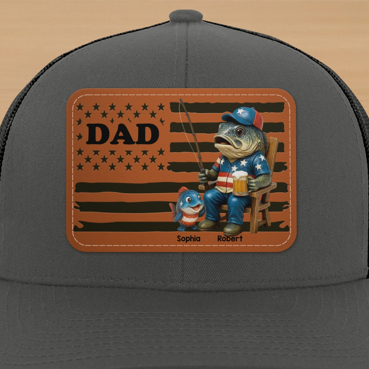 Fishing Dad Nation Flag Personalized Leather Patch Hat, Father's Day gift