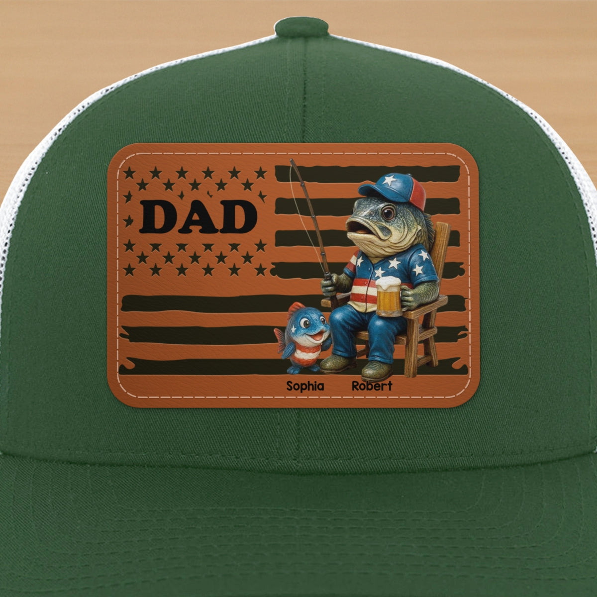 Fishing Dad Nation Flag Personalized Leather Patch Hat, Father's Day gift