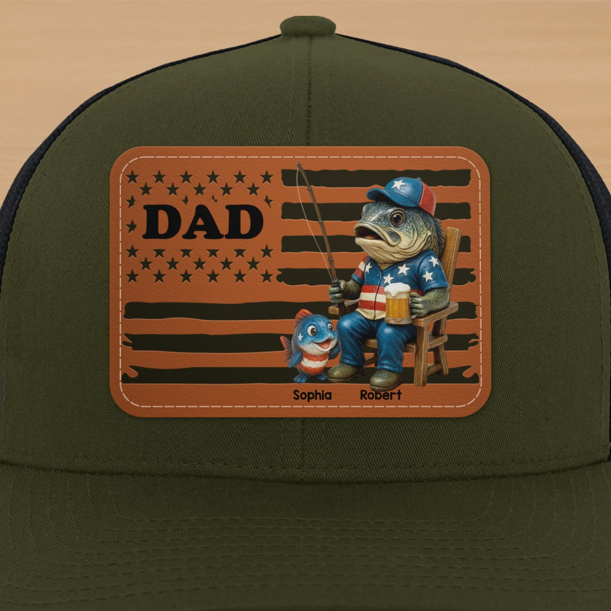 Fishing Dad Nation Flag Personalized Leather Patch Hat, Father's Day gift