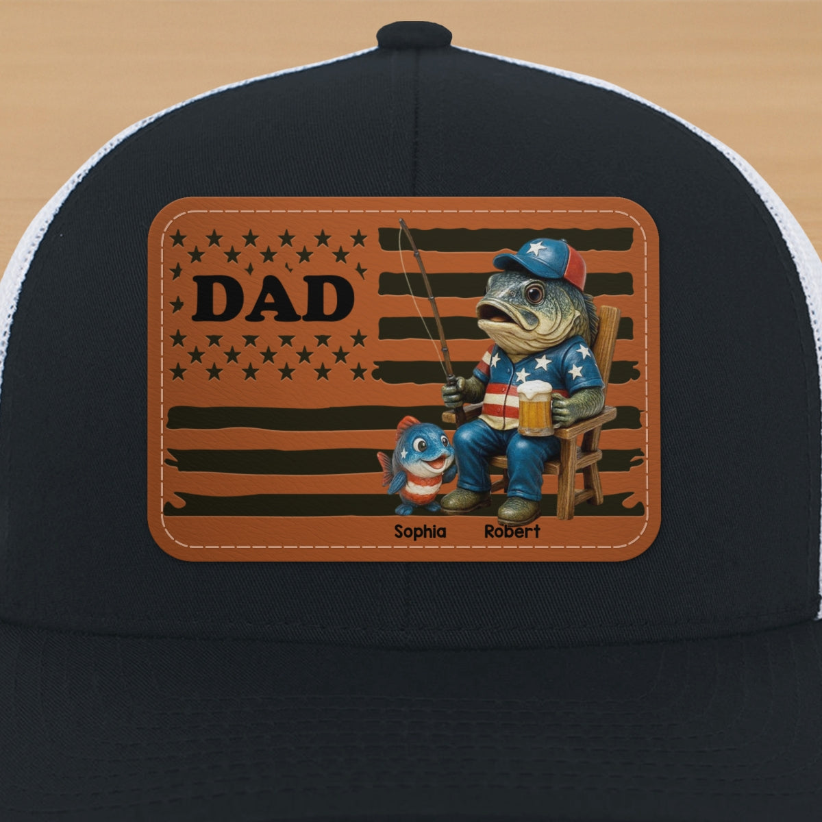 Fishing Dad Nation Flag Personalized Leather Patch Hat, Father's Day gift