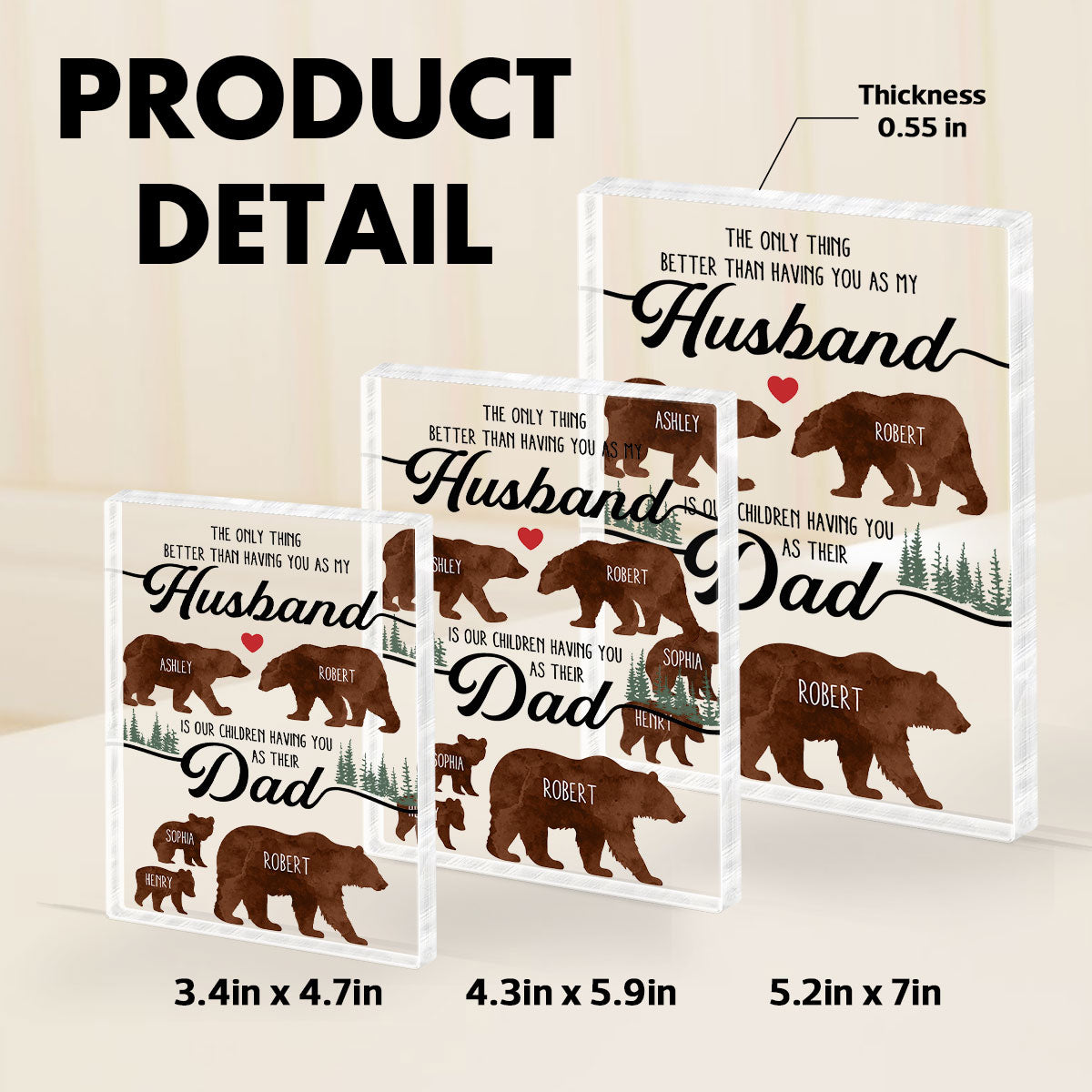 Bear Family Personalized Acrylic Block,  gift for Husband