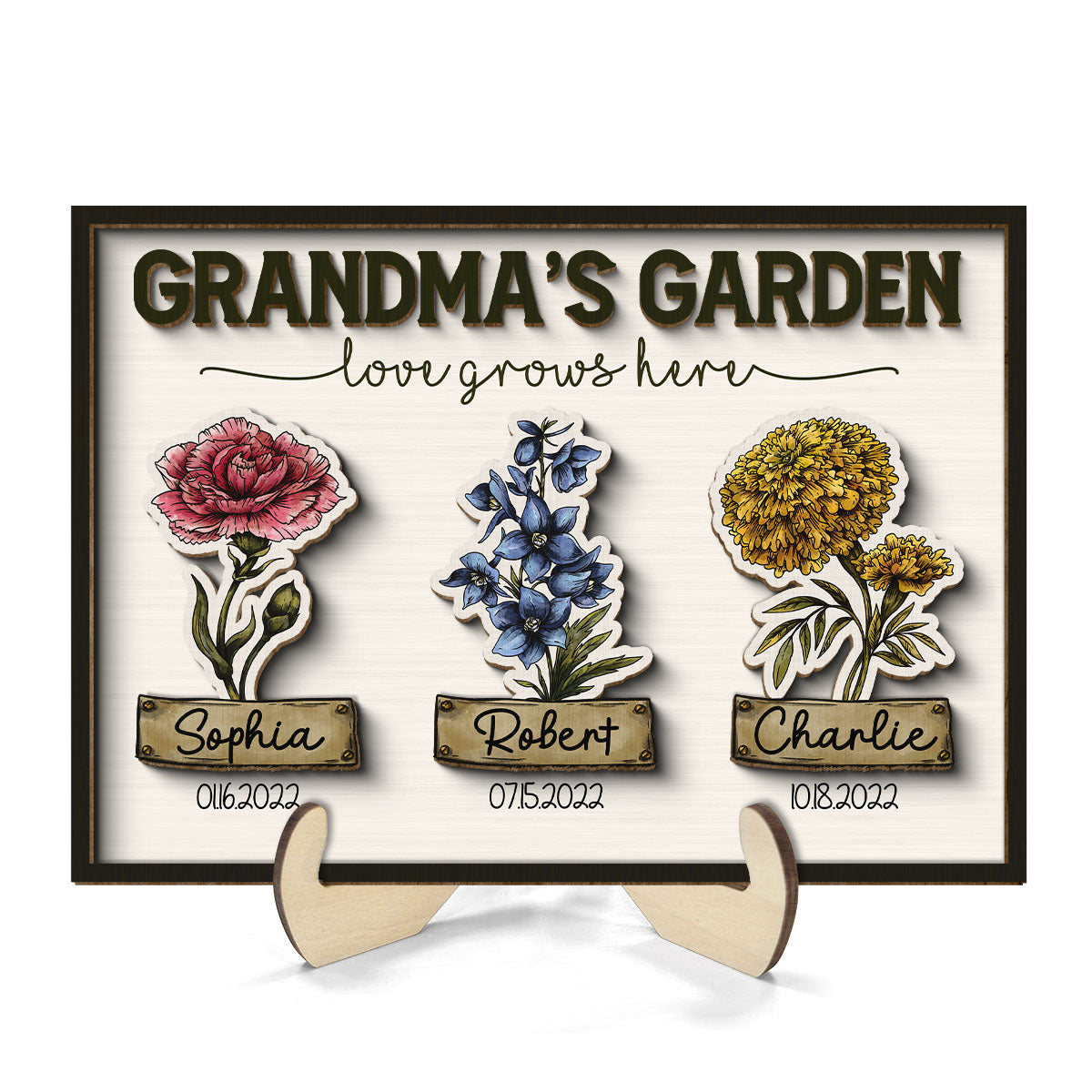 Grandma Garden Love Grows Here Grandkids Birth Flower Name and Birthday Personalized 2-Layer Wooden Plaque