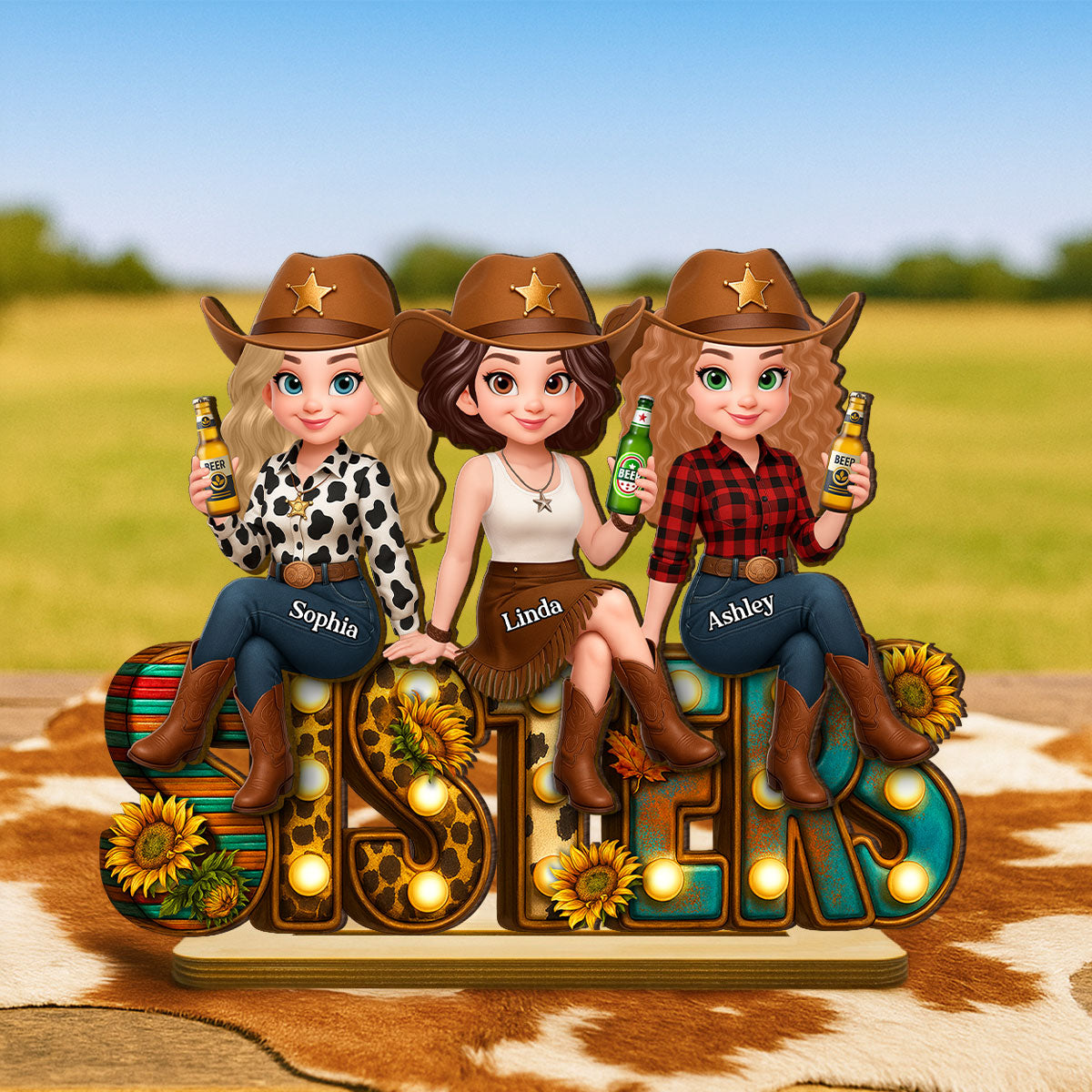 Leopard Marquee Western Besties Personalized Wooden Plaque - Fall Gift for Best Friends