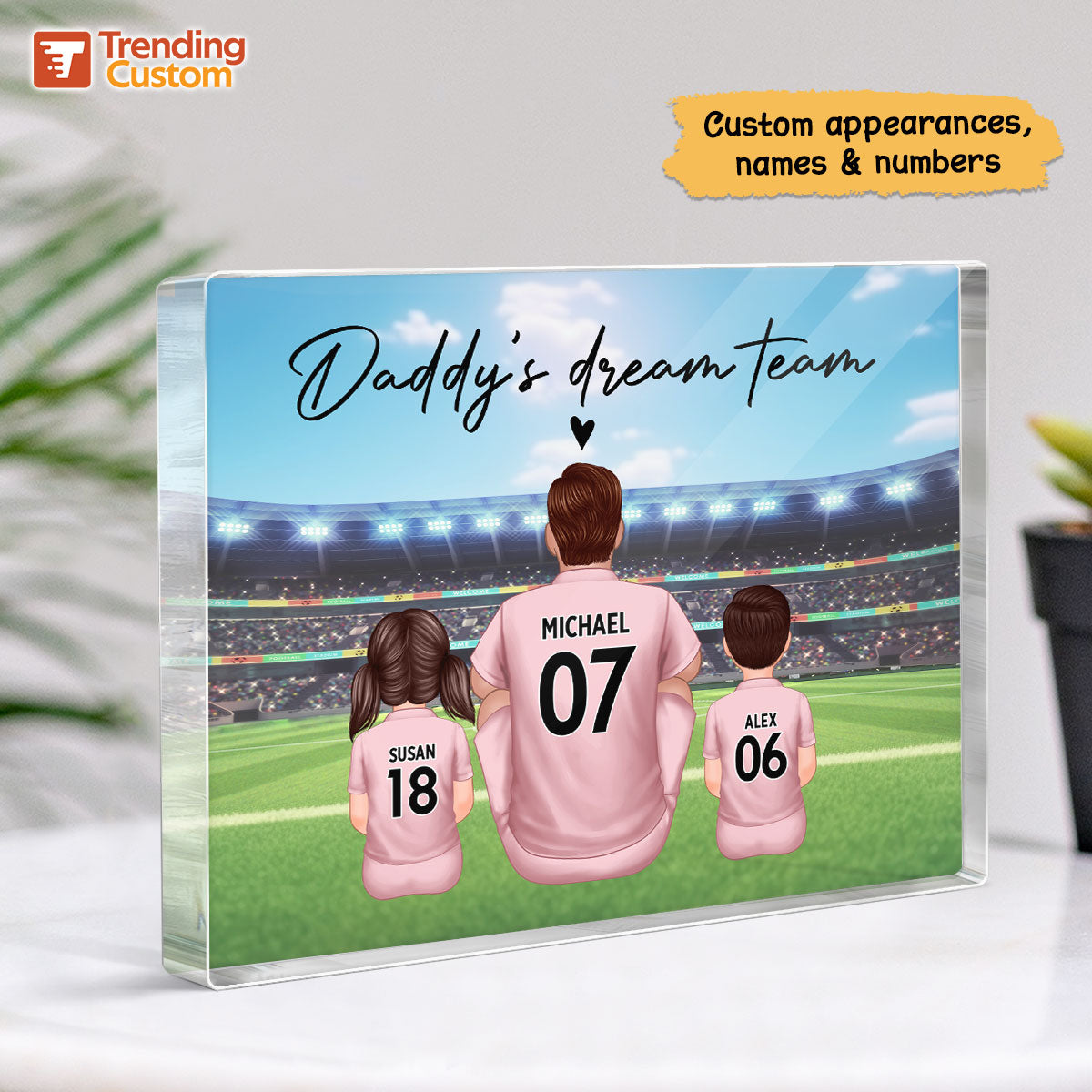 Daddy's Team Soccer Family Sitting Back View Personalized Acrylic Block,  Gift