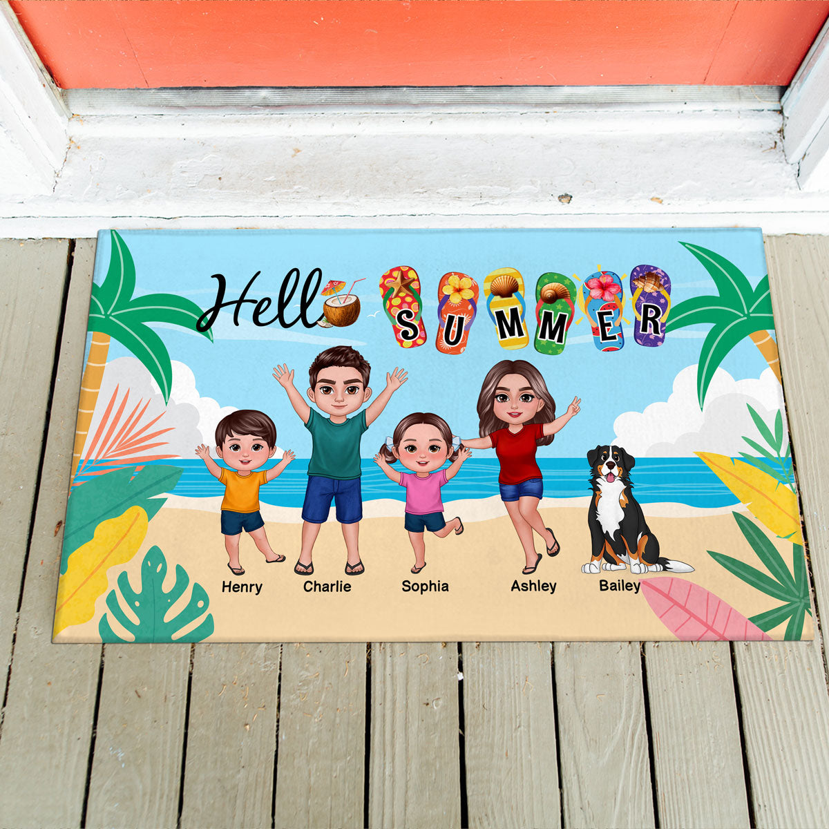 Hello Summer Beach Landscape Family Personalized Doormat, Summer Decoration