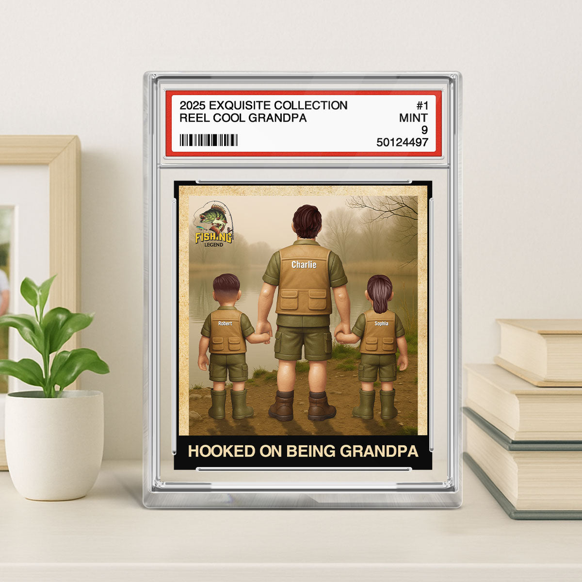 Fishing No. 1 Grandpa Dad Man & Kids Trading Card Style Personalized Acrylic Block Plaque