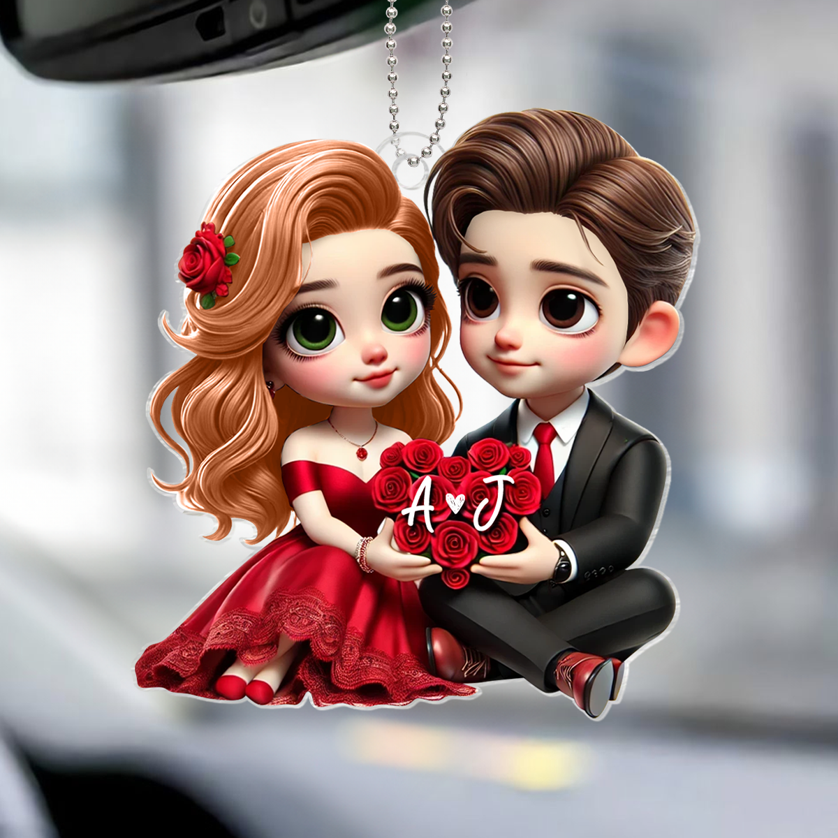 Romantic  Couple Roses Personalized Acrylic Car Hanger, Anniversary Gift for him, Gift for her