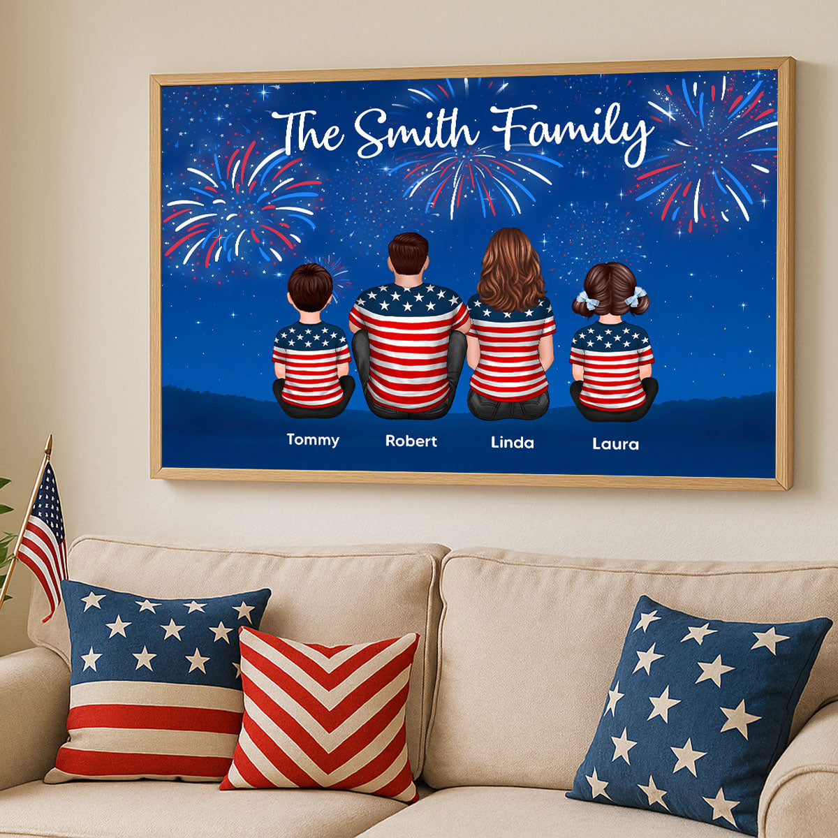 American Family At Night Firework 4th Of July Personalized Poster, Father's Day gift, gift for family