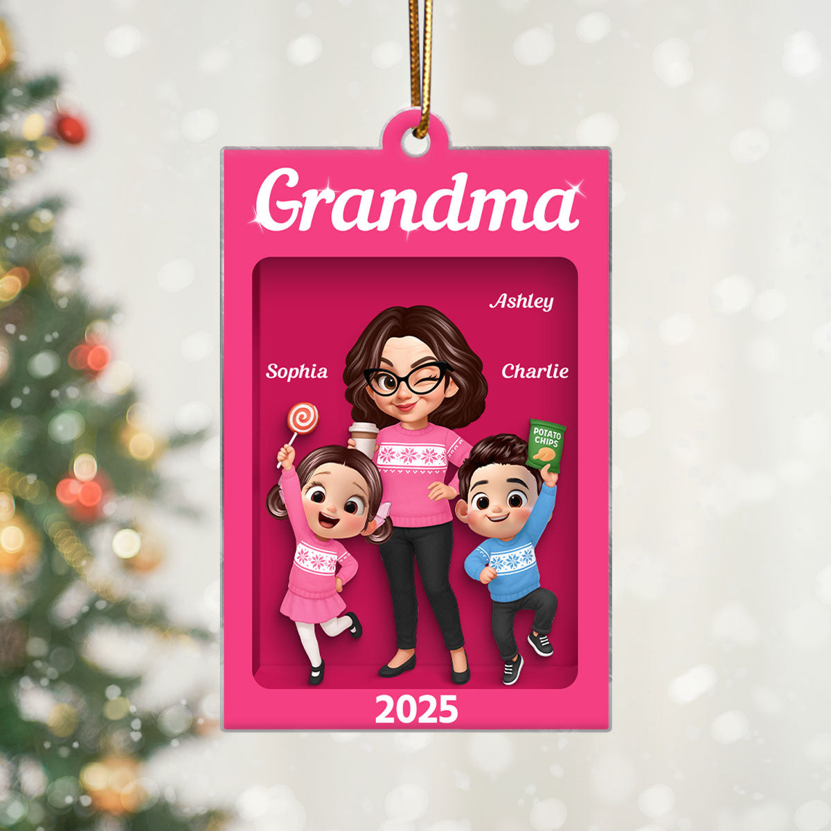 Cute Grandma And Grandkids Action Figure Personalized Acrylic Ornament - Unique Christmas Gift For Grandma