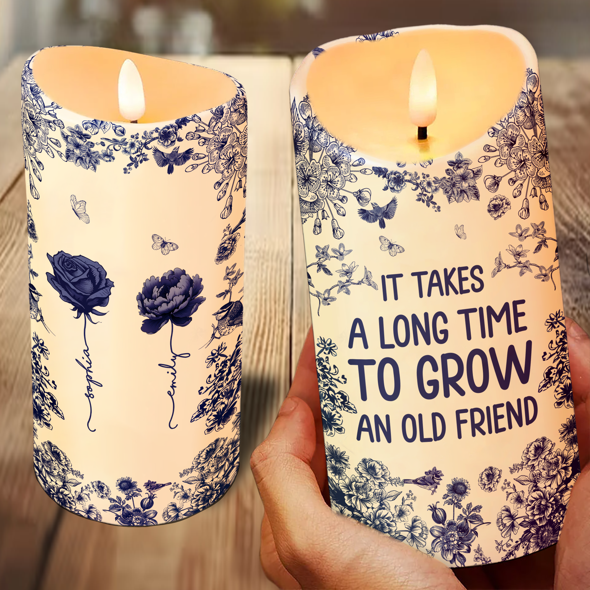 Chinoiserie Besties It Takes A Long Time To Grow Old Friends Personalized LED Candle