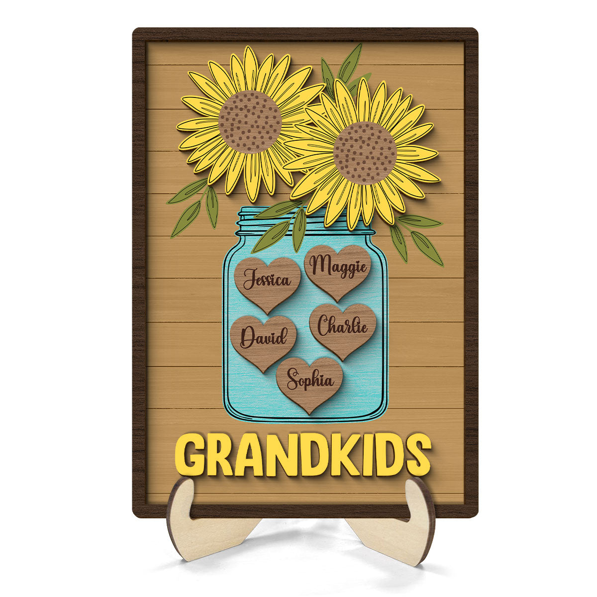 Grandkids Sunflowers Vase Hearts With Kids Names Personalized 2-layer Wooden Plaque