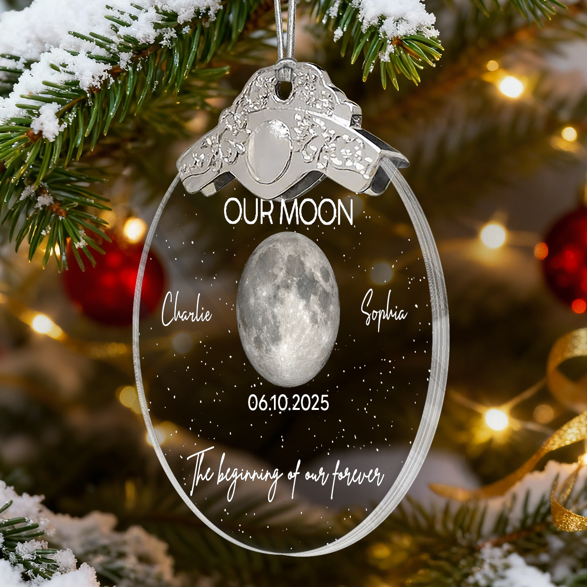 Custom Moon Phase Couple Anniversary Date The Beginning Of Our Forever - Personalized Glass Ornament With Silver Cap
