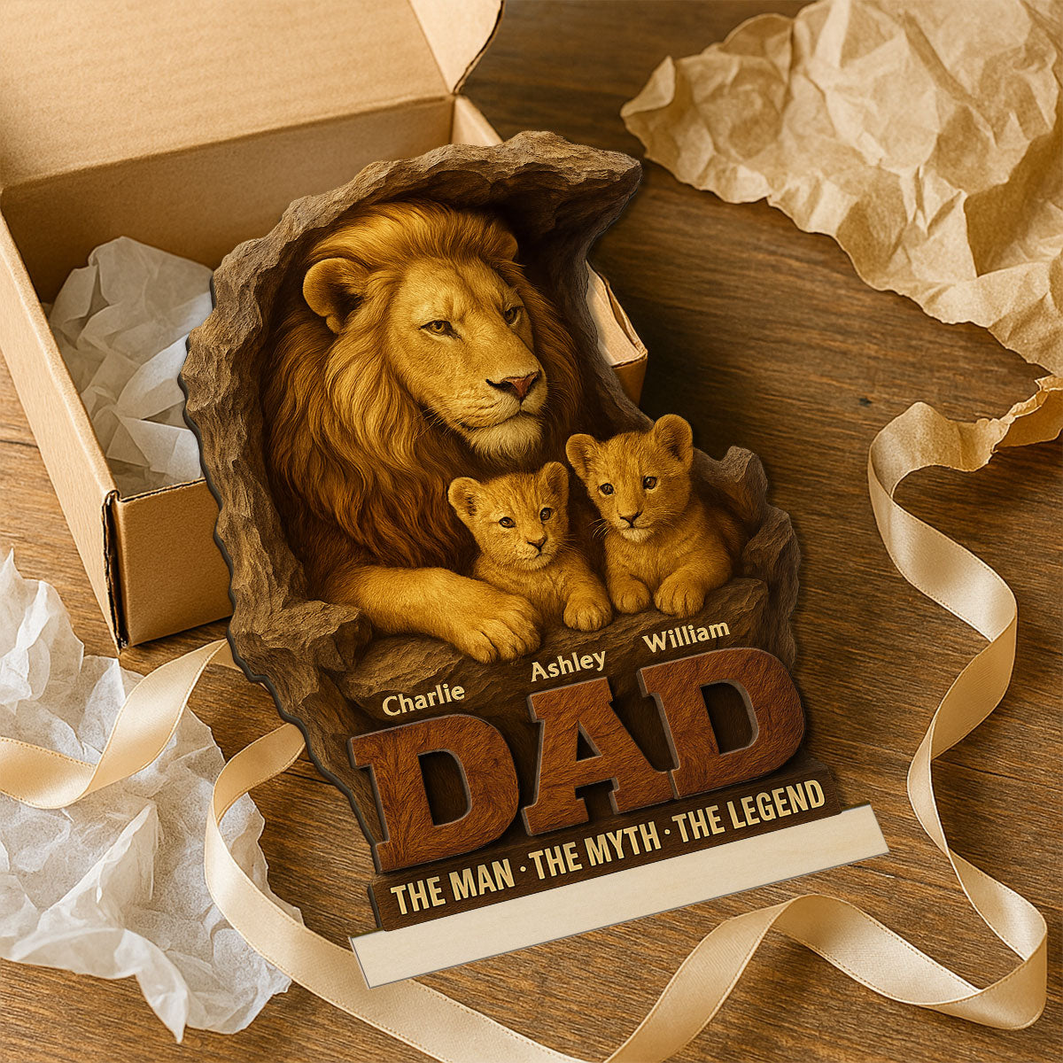Lion Dad And Kids Personalized 2- Layer Standing Wooden Plaque, Unique  Gift For Dad