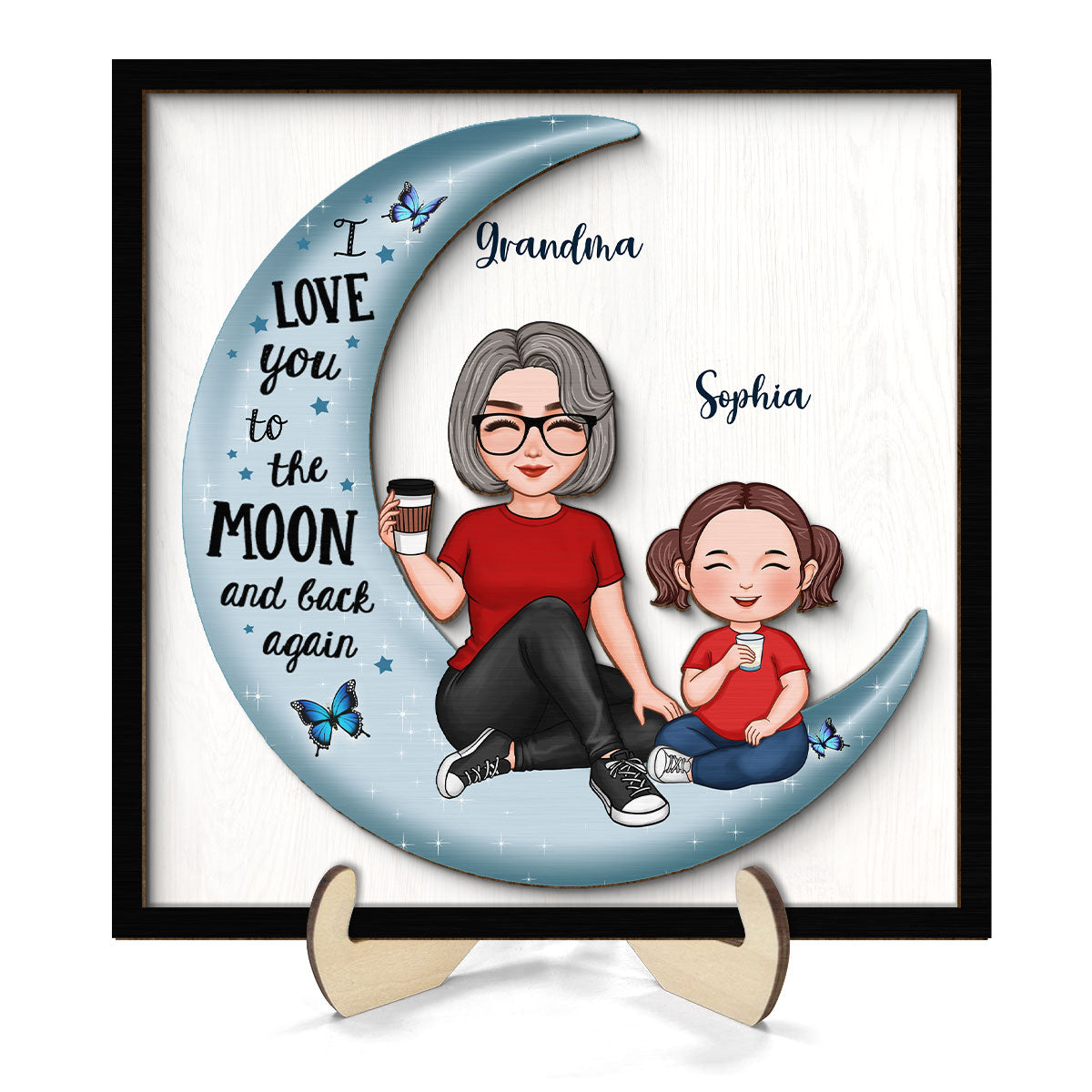 Cute Grandma & Grandkid On Moon Gift For Granddaughter Grandson Grandma Personalized 2-Layer Wooden Plaque