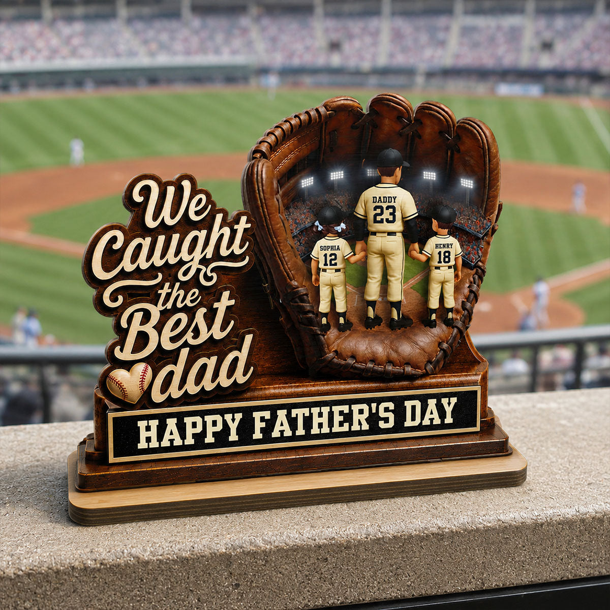 We Caught The Best Dad Dad & Kids In Glove - Personalized 2-Layered Wooden Plaque - Happy  For Baseball Dad