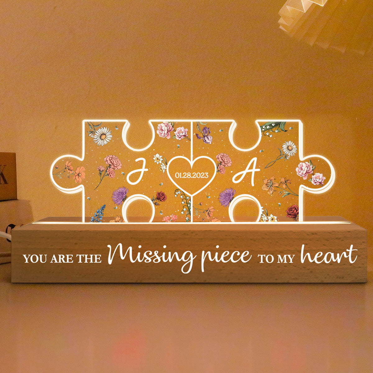 Couple Initials Puzzle Pieces Floral Theme  Gift Personalized Acrylic Block LED Night Light