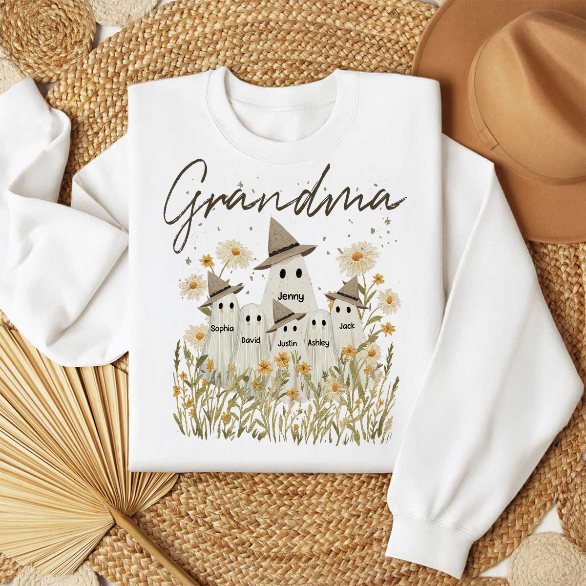 Cute Ghost Grandma And Kids In Wildflowers Spooky Fall Personalized Sweatshirt