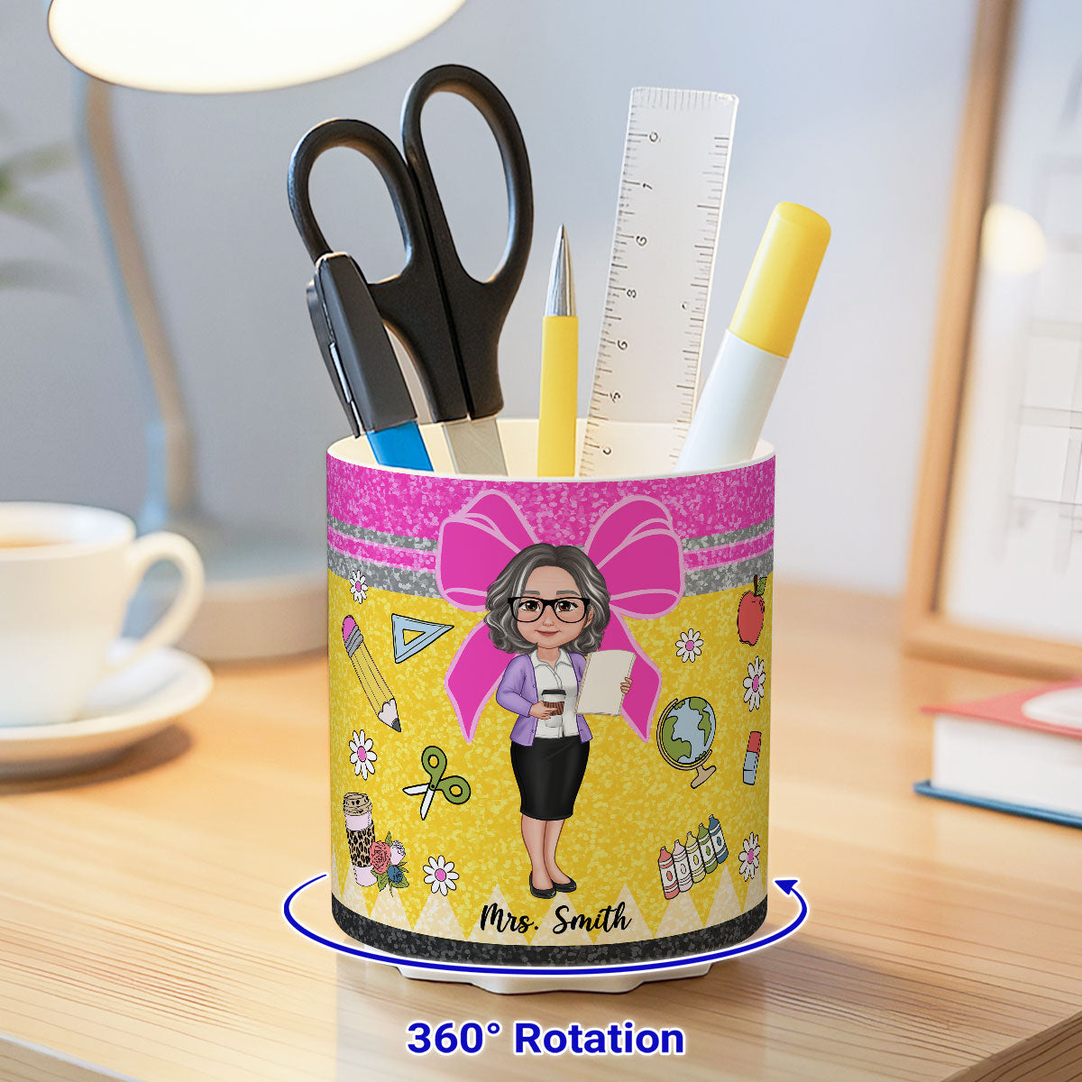 Glitter Coquette Pattern Personalized Rotating Pen Holder, Teacher Appreciation Gift, Back To School Gift