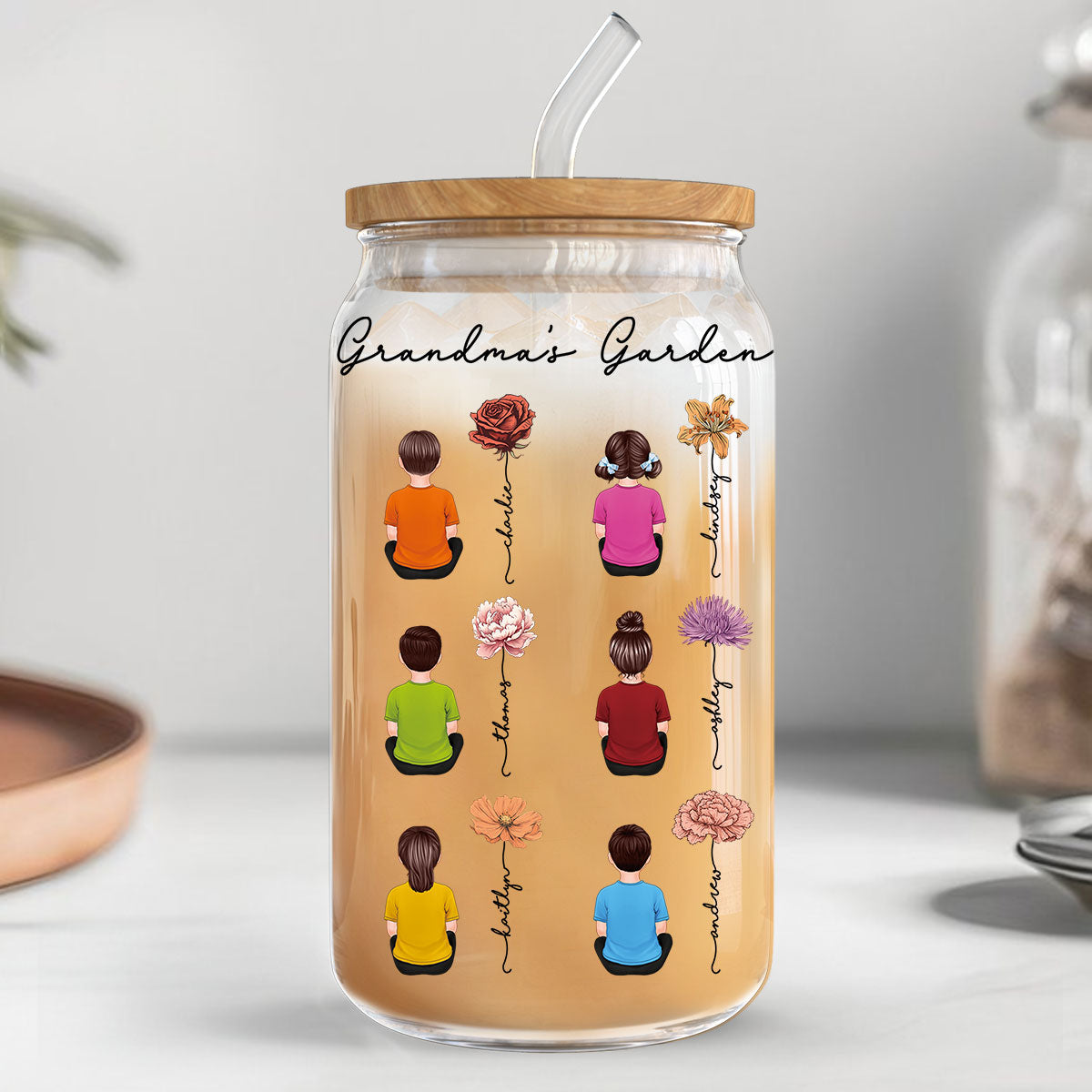 Grandkids Sitting Grandma Garden Vintage Birth Month Flowers Personalized Clear Glass Can