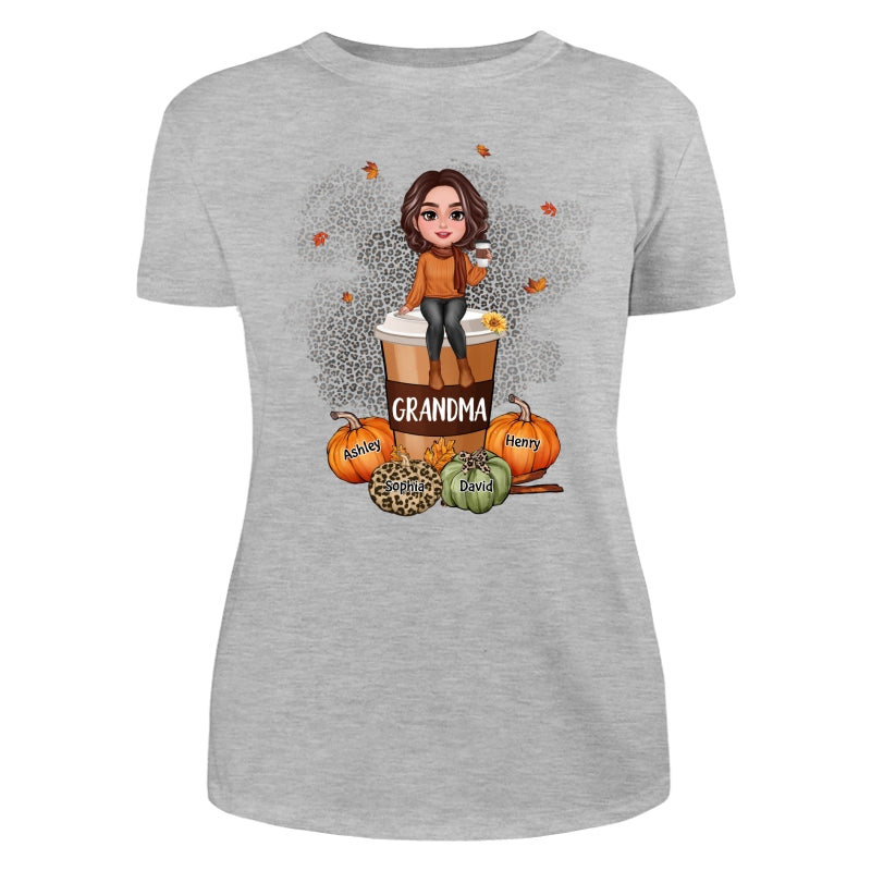 Grandma Mom Sitting On Pumpkin Spice Latte Personalized Shirt