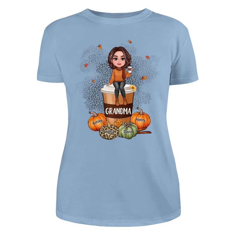 Grandma Mom Sitting On Pumpkin Spice Latte Personalized Shirt