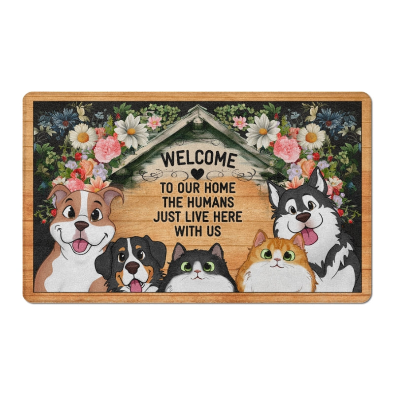 Welcome To Our Home Peeking Dogs Cats Personalized Door Mat