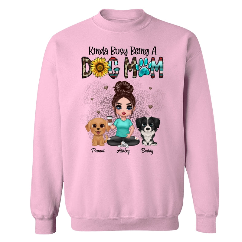 Kinda Busy Being A Dog Mom Western Pattern Teal Leopard Sunflower Doll Girl & Watercolor Dog Personalized Shirt