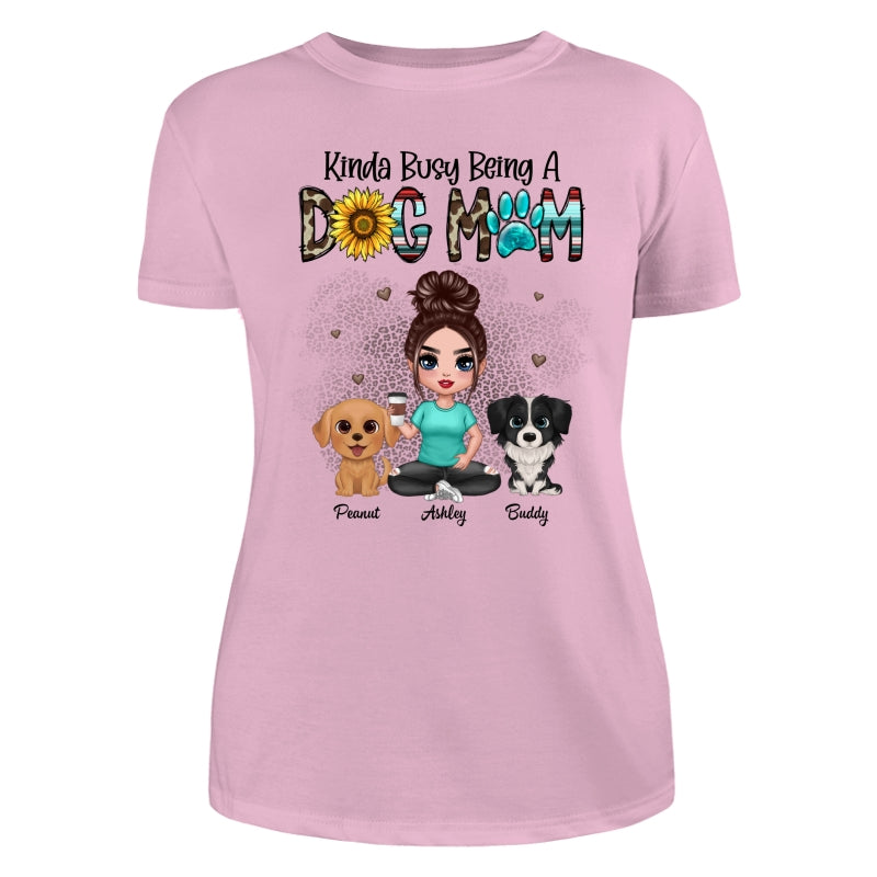 Kinda Busy Being A Dog Mom Western Pattern Teal Leopard Sunflower Doll Girl & Watercolor Dog Personalized Shirt
