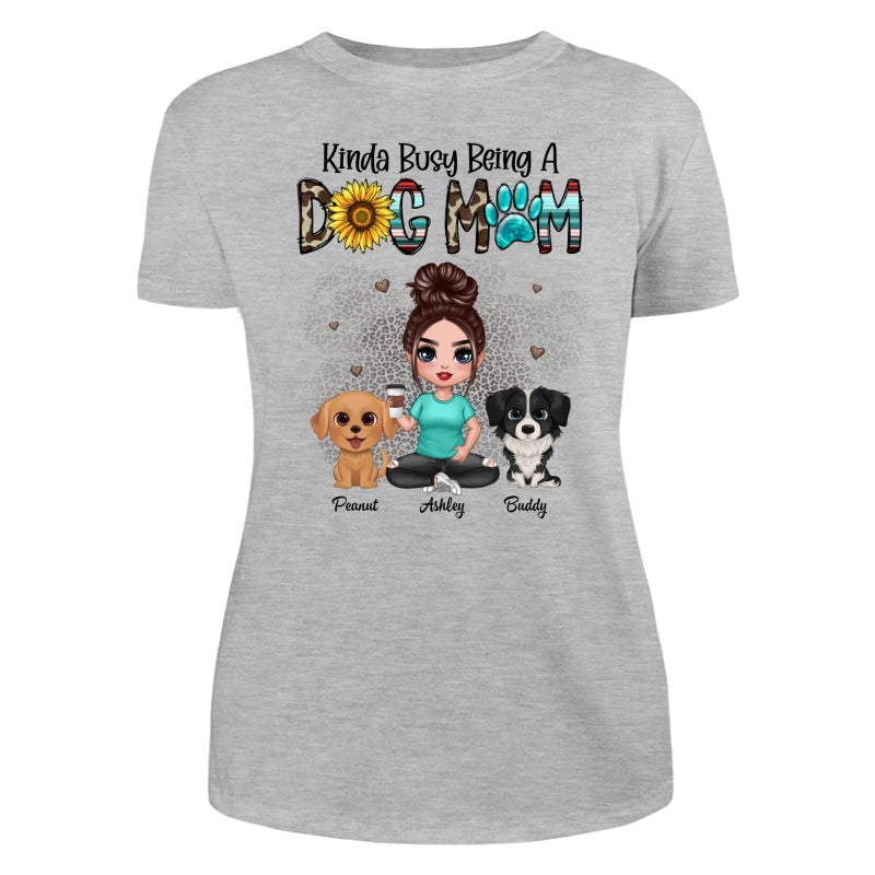 Kinda Busy Being A Dog Mom Western Pattern Teal Leopard Sunflower Doll Girl & Watercolor Dog Personalized Shirt