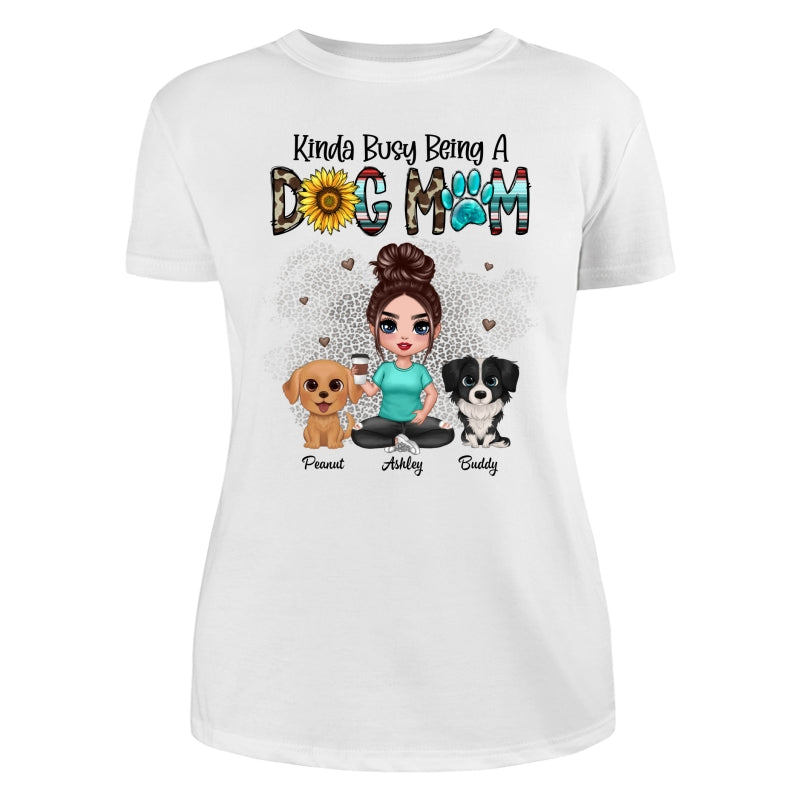 Kinda Busy Being A Dog Mom Western Pattern Teal Leopard Sunflower Doll Girl & Watercolor Dog Personalized Shirt