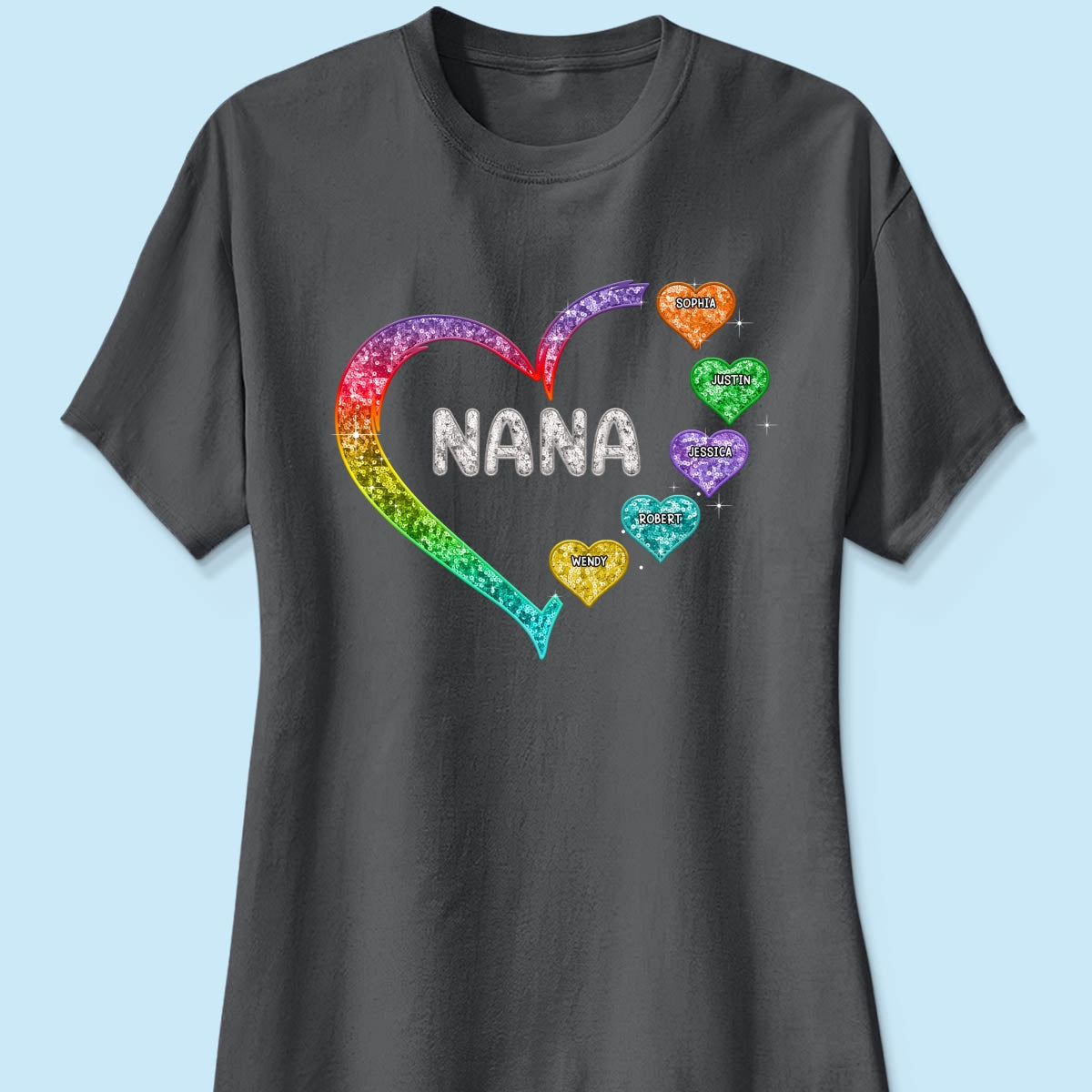 Grandma Mom Heart Faux Sequin Embroidery Personalized Shirt
