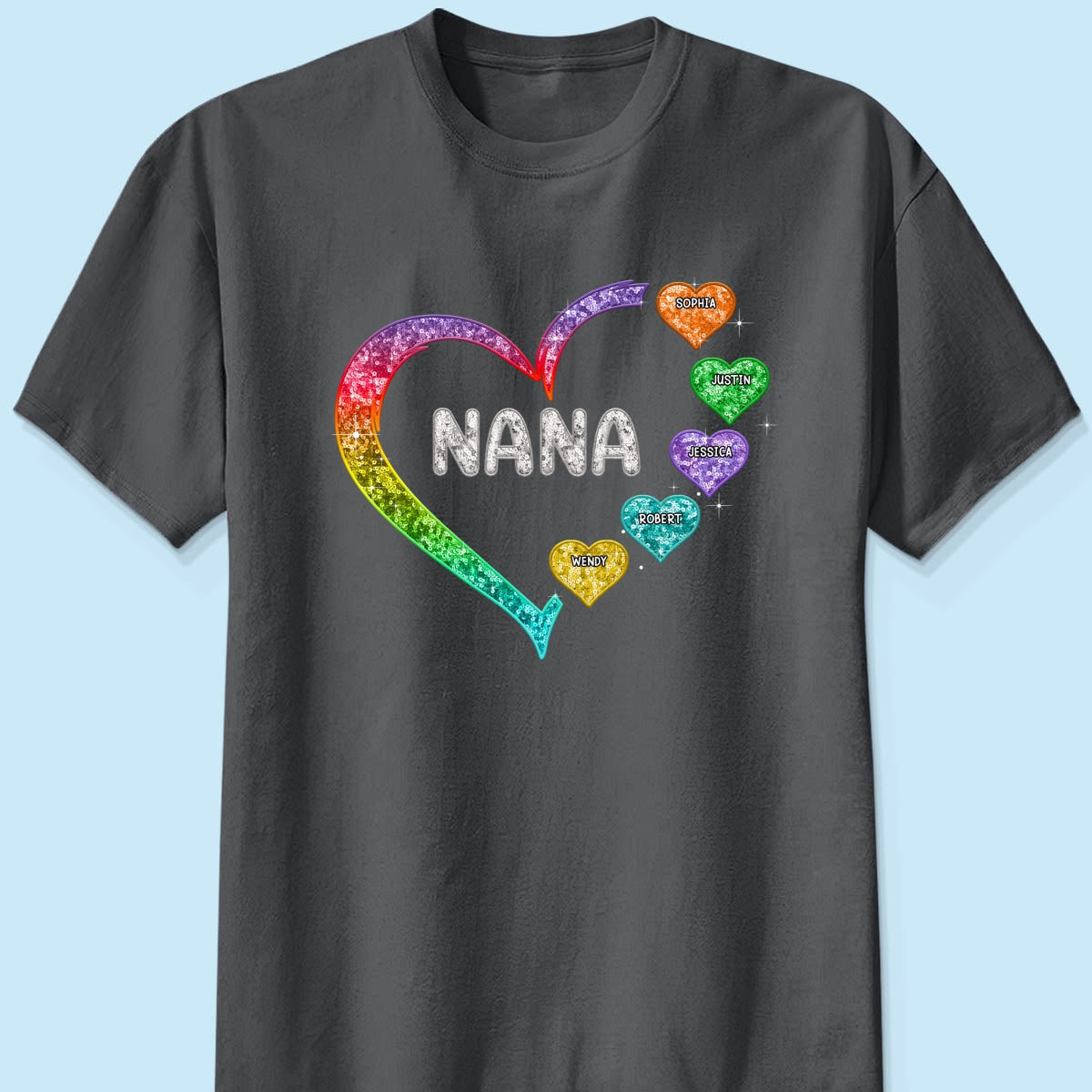 Grandma Mom Heart Faux Sequin Embroidery Personalized Shirt