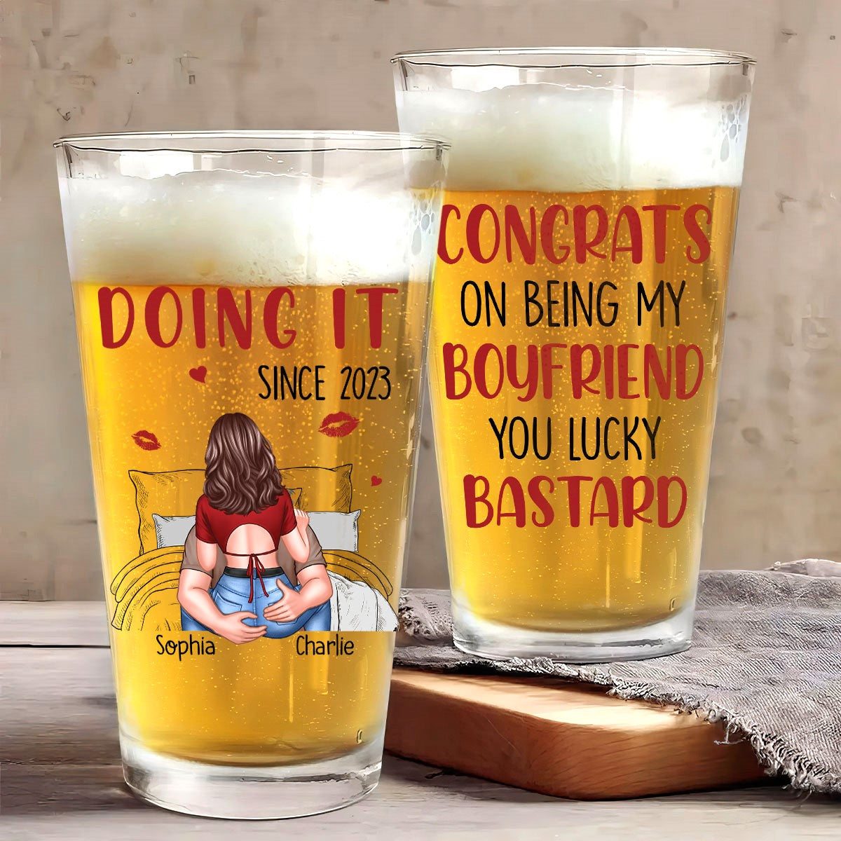 Congrats On Being My Husband Man Embracing Woman Back View Personalized Beer Glass