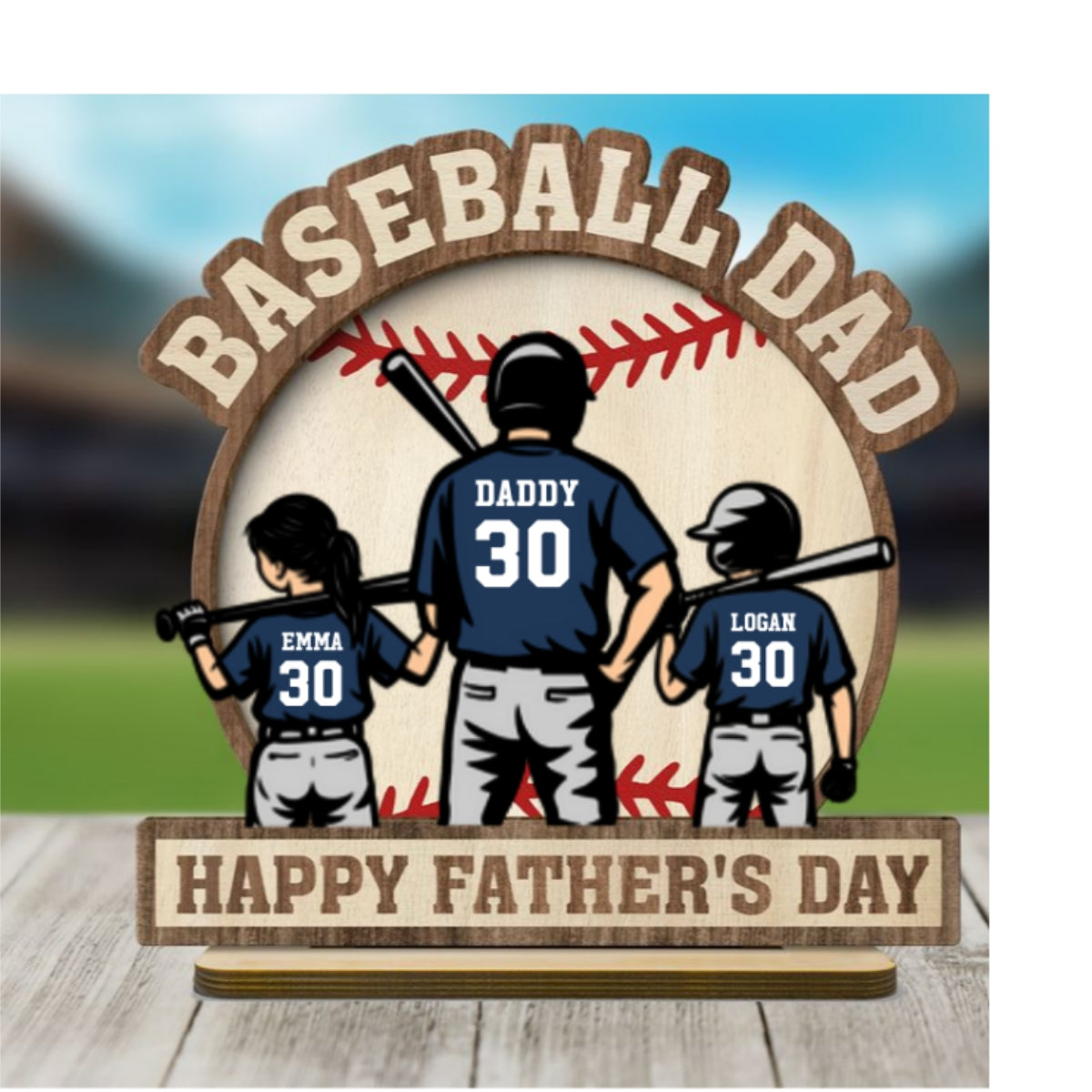 Baseball Family Back View Personalized 2-Layered Standing Wooden Plaque,  gift for Dad, for Husband