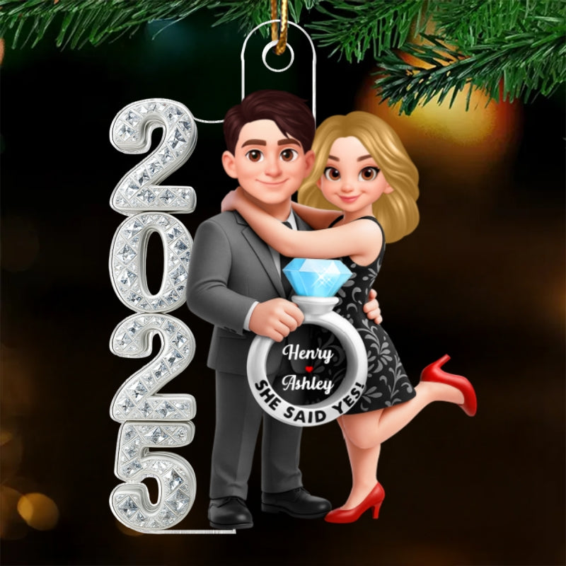 3D Crystal Effect Marriage Proposal Couple - Personalized Acrylic Ornament - Newly Engaged Gift, ""She Said Yes!"" Ornament