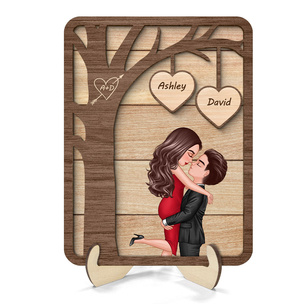 Couple Hugging Kissing Under Tree Valentine‘s Gift For Him For Her Personalized 2-Layer Wooden Plaque
